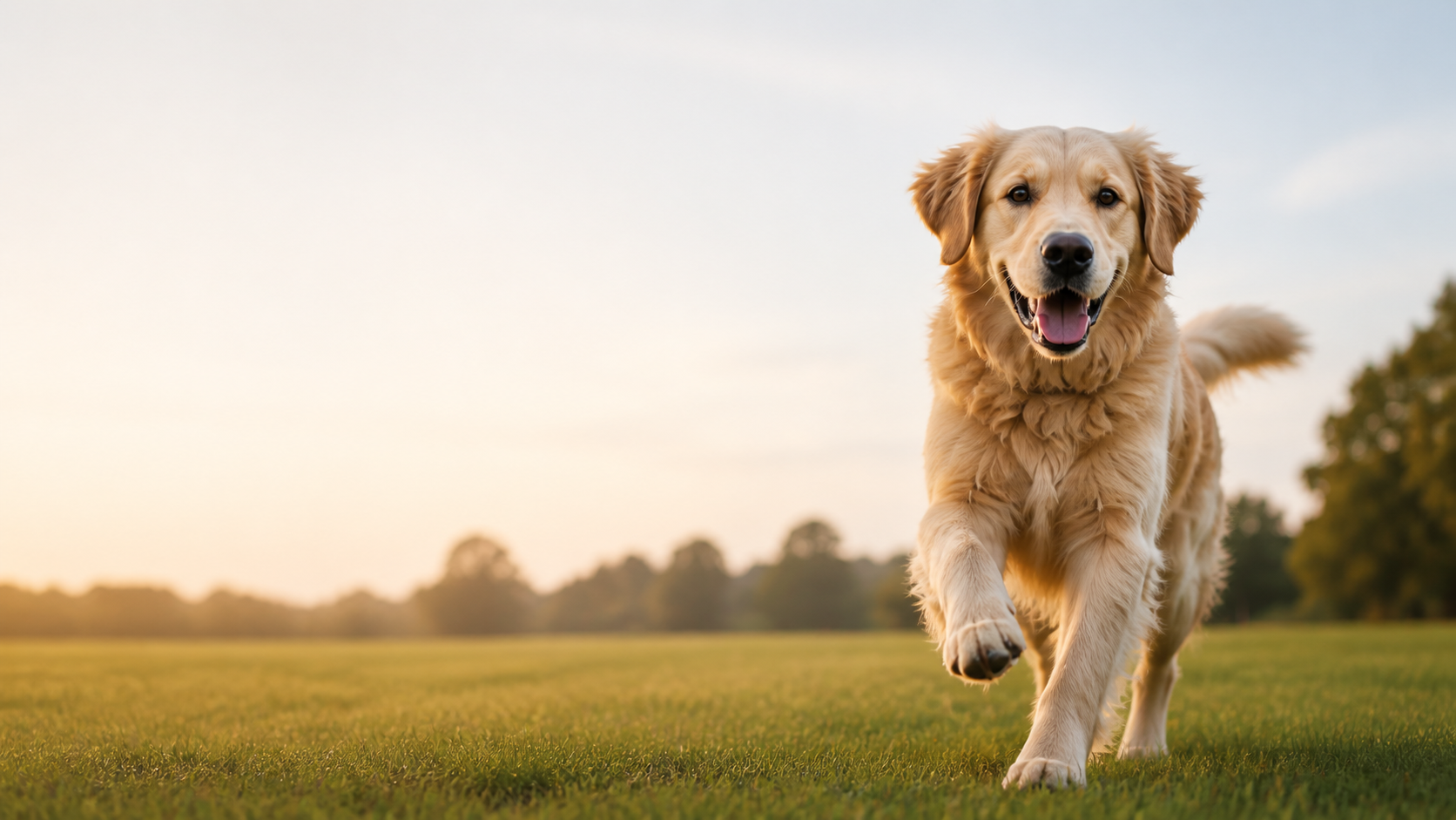 A golden retriever running through a sunlit field